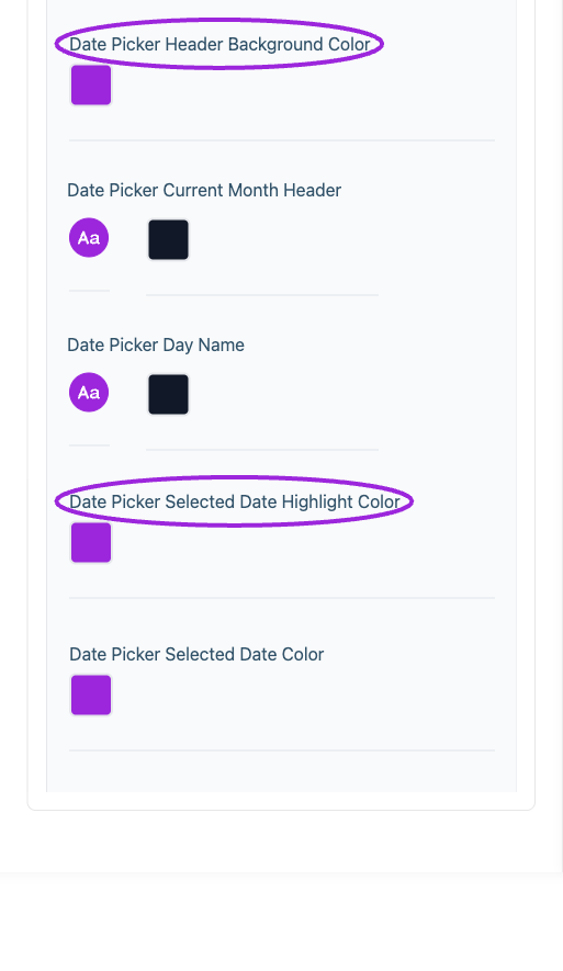 All Settings → Multi-day selection — Calendar and multi-day styling. Continued controls. The circles identify Date Picker Header Background Color and Date Picker Selected Date Highlight Color.