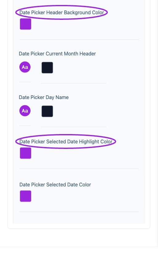 All Settings → Multi-day selection — Calendar and multi-day styling. Continued controls. The circles identify Date Picker Header Background Color and Date Picker Selected Date Highlight Color.