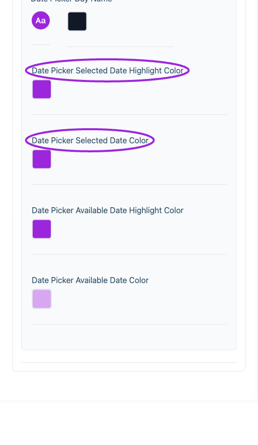All Settings → Multi-day selection — Calendar and multi-day styling. Continued controls. The circles identify Date Picker Selected Date Highlight Color and Date Picker Selected Date Color.