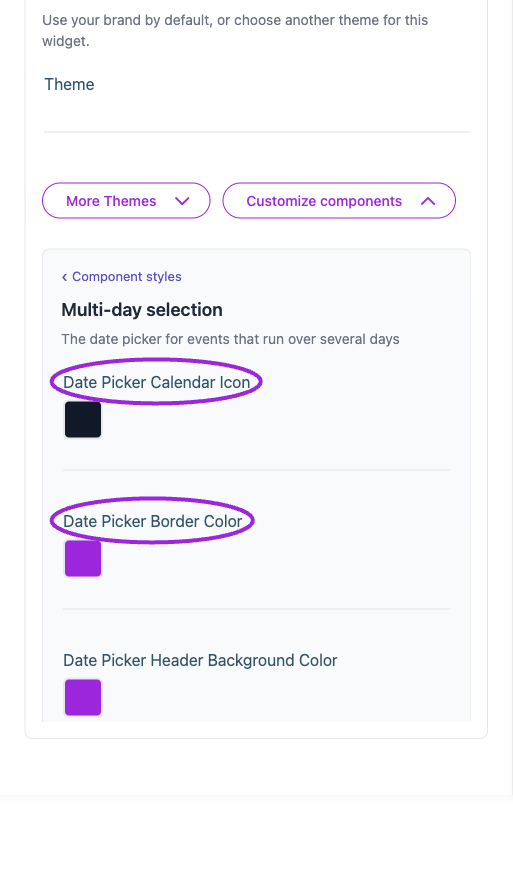 All Settings → Multi-day selection — Calendar and multi-day styling. The circles identify Date Picker Calendar Icon and Date Picker Border Color.