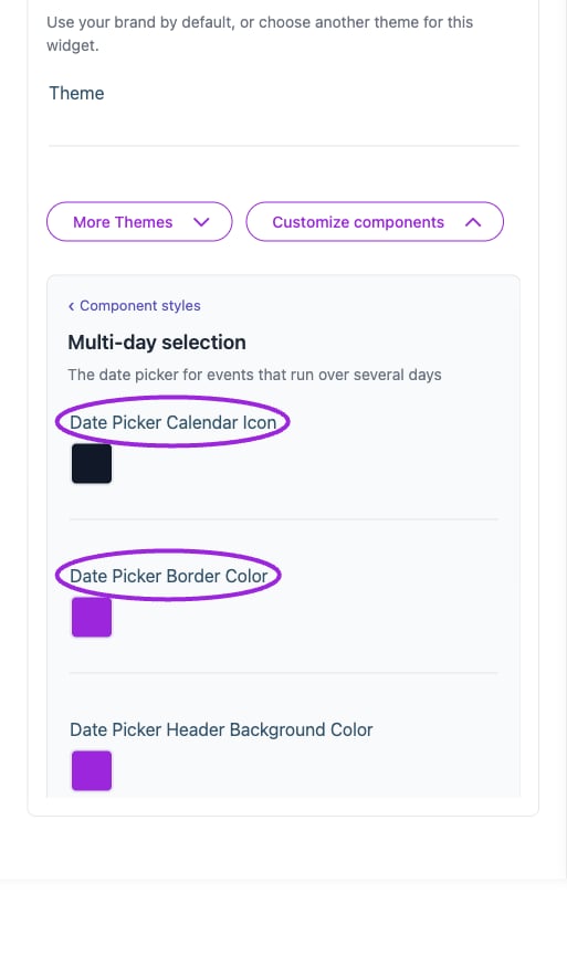 All Settings → Multi-day selection — Calendar and multi-day styling. The circles identify Date Picker Calendar Icon and Date Picker Border Color.