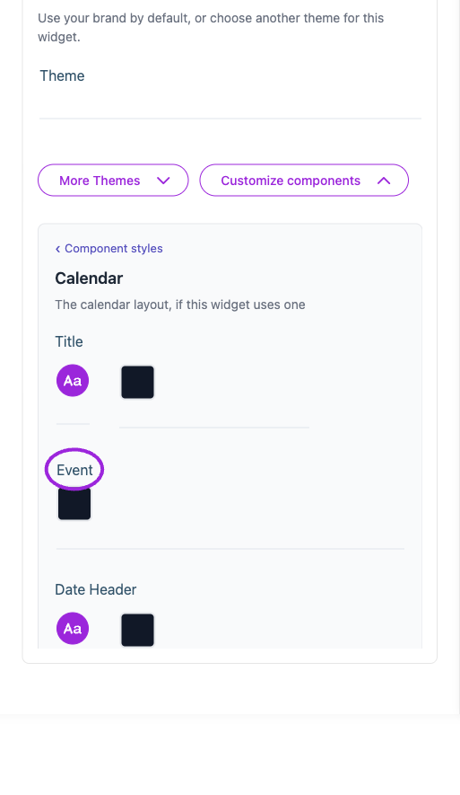 All Settings → Calendar — Calendar and multi-day styling. The circles identify Event.