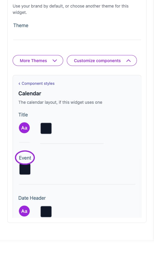 All Settings → Calendar — Calendar and multi-day styling. The circles identify Event.