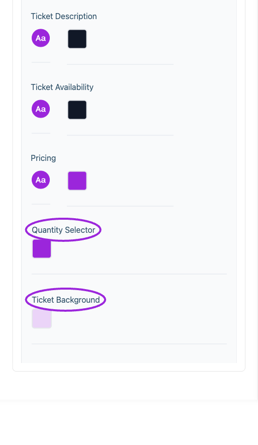All Settings → Checkout — Checkout and attendee form styling. Continued controls. The circles identify Quantity Selector and Ticket Background.