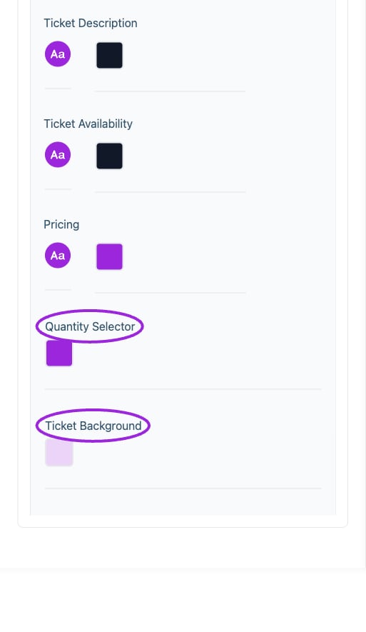 All Settings → Checkout — Checkout and attendee form styling. Continued controls. The circles identify Quantity Selector and Ticket Background.