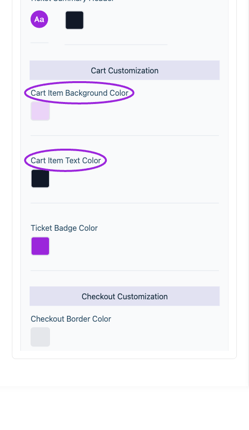 All Settings → Checkout — Checkout and attendee form styling. Continued controls. The circles identify Cart Item Background Color and Cart Item Text Color.