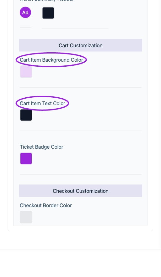 All Settings → Checkout — Checkout and attendee form styling. Continued controls. The circles identify Cart Item Background Color and Cart Item Text Color.