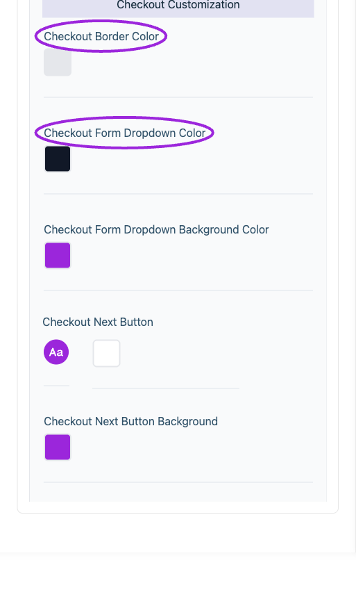 All Settings → Checkout — Checkout and attendee form styling. Continued controls. The circles identify Checkout Border Color and Checkout Form Dropdown Color.