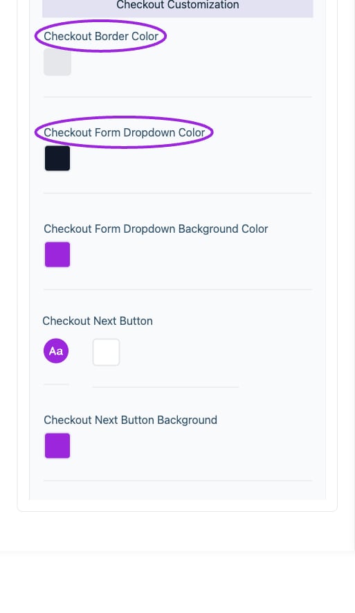 All Settings → Checkout — Checkout and attendee form styling. Continued controls. The circles identify Checkout Border Color and Checkout Form Dropdown Color.