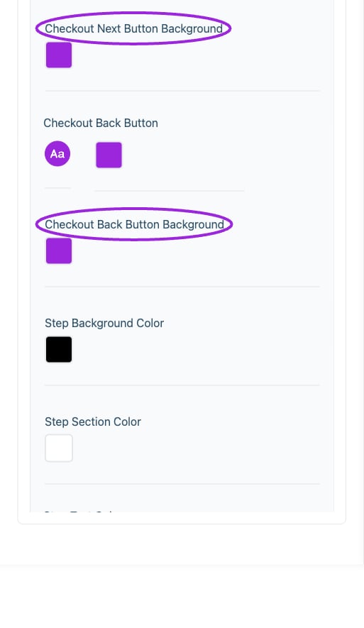All Settings → Checkout — Checkout and attendee form styling. Continued controls. The circles identify Checkout Next Button Background and Checkout Back Button Background.