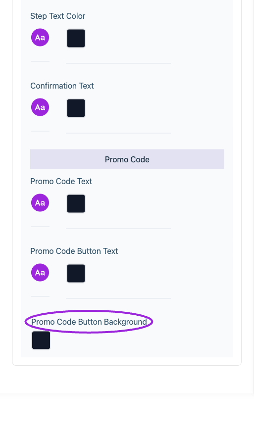 All Settings → Checkout — Checkout and attendee form styling. Continued controls. The circles identify Promo Code Button Background.