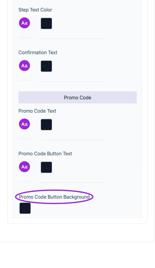 All Settings → Checkout — Checkout and attendee form styling. Continued controls. The circles identify Promo Code Button Background.