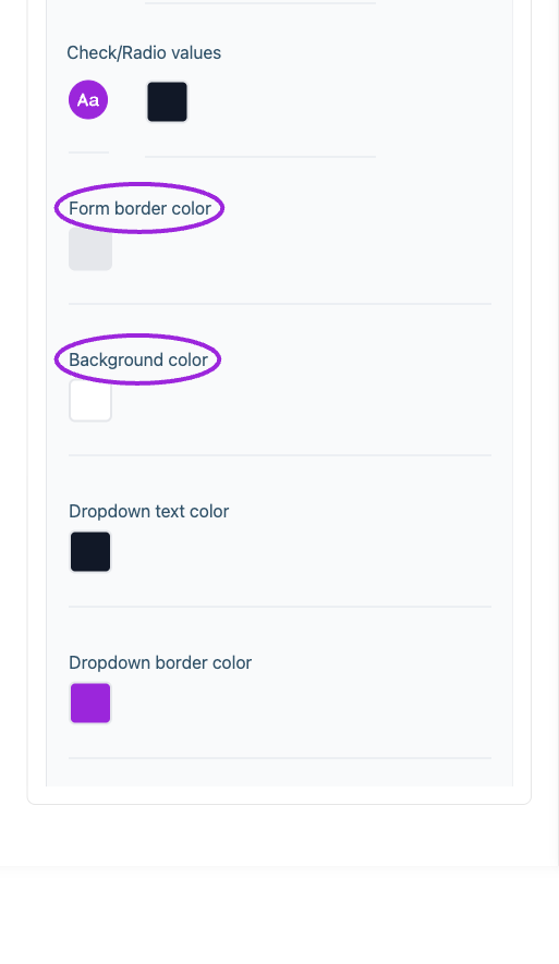 All Settings → Attendee details — Checkout and attendee form styling. Continued controls. The circles identify Form border color and Background color.