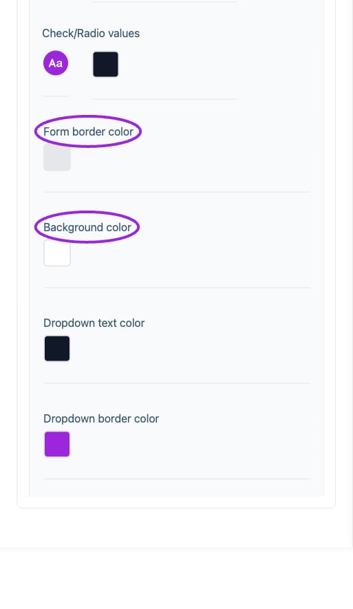 All Settings → Attendee details — Checkout and attendee form styling. Continued controls. The circles identify Form border color and Background color.