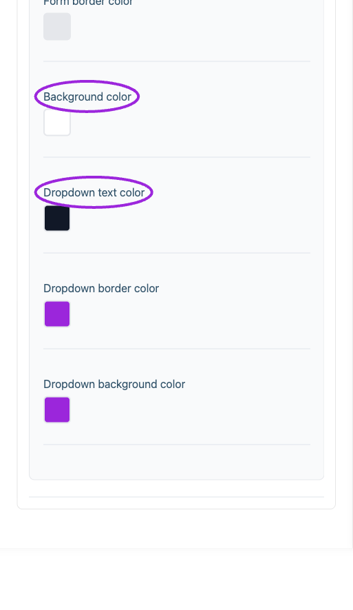 All Settings → Attendee details — Checkout and attendee form styling. Continued controls. The circles identify Background color and Dropdown text color.
