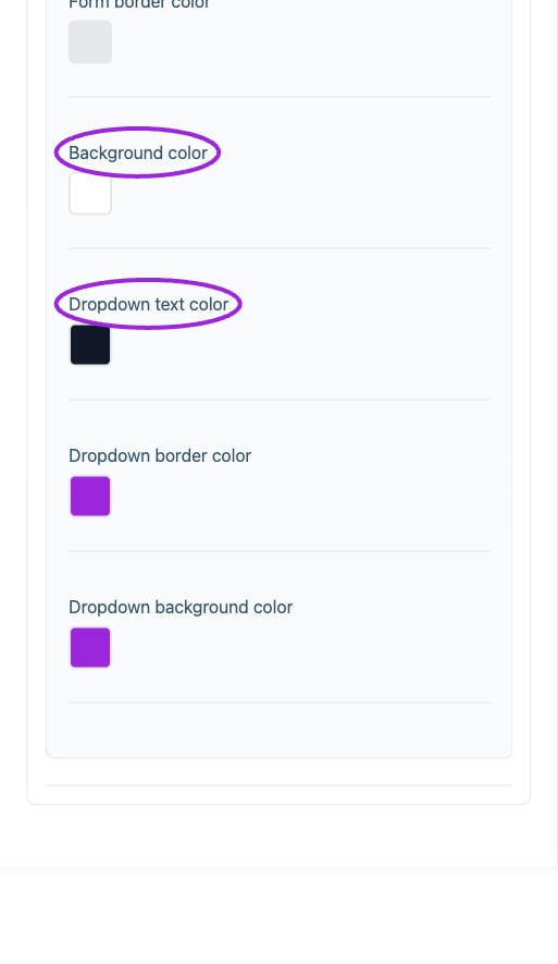 All Settings → Attendee details — Checkout and attendee form styling. Continued controls. The circles identify Background color and Dropdown text color.
