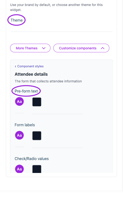All Settings → Attendee details — Checkout and attendee form styling. The circles identify Theme and Pre-form text.