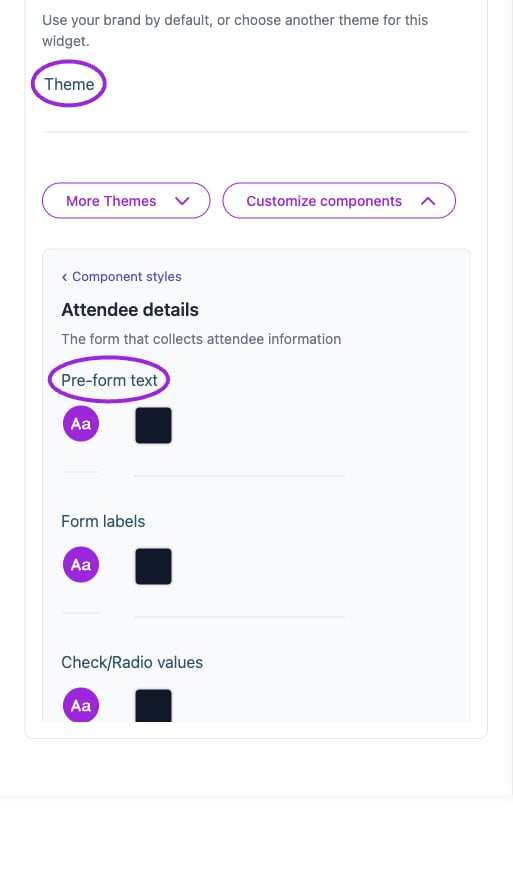 All Settings → Attendee details — Checkout and attendee form styling. The circles identify Theme and Pre-form text.