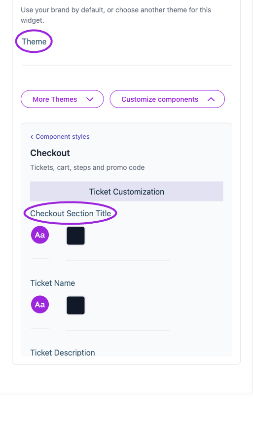 All Settings → Checkout — Checkout and attendee form styling. The circles identify Theme and Checkout Section Title.
