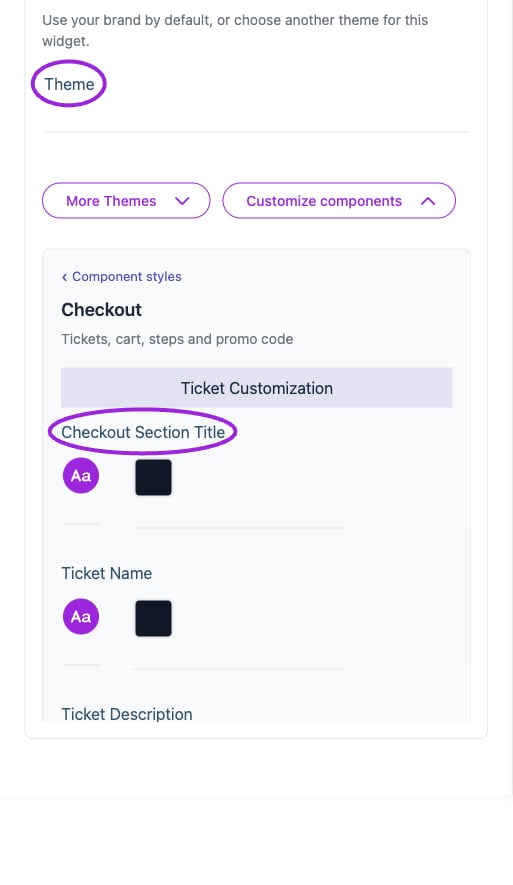 All Settings → Checkout — Checkout and attendee form styling. The circles identify Theme and Checkout Section Title.