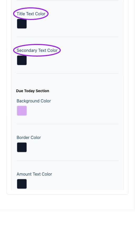 All Settings → Payment plan — Payment-plan component styling. Continued controls. The circles identify Title Text Color and Secondary Text Color.