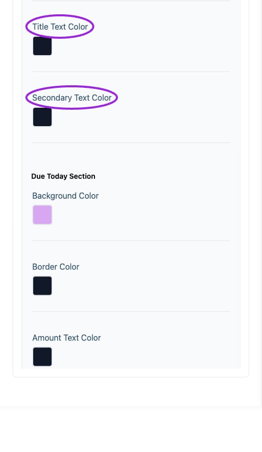 All Settings → Payment plan — Payment-plan component styling. Continued controls. The circles identify Title Text Color and Secondary Text Color.