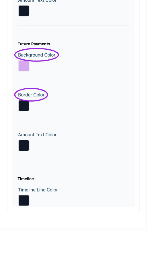 All Settings → Payment plan — Payment-plan component styling. Continued controls. The circles identify Background Color and Border Color.