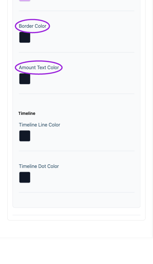 All Settings → Payment plan — Payment-plan component styling. Continued controls. The circles identify Border Color and Amount Text Color.