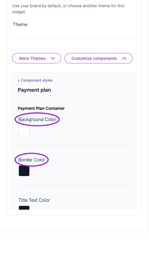All Settings → Payment plan — Payment-plan component styling. The circles identify Background Color and Border Color.