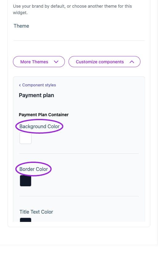 All Settings → Payment plan — Payment-plan component styling. The circles identify Background Color and Border Color.
