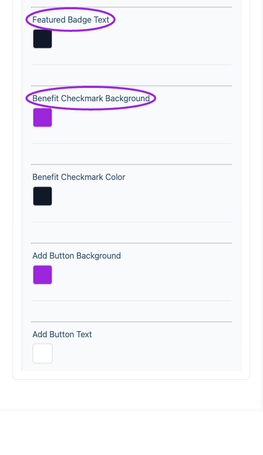 All Settings → Memberships — Membership card styling. Continued controls. The circles identify Featured Badge Text and Benefit Checkmark Background.