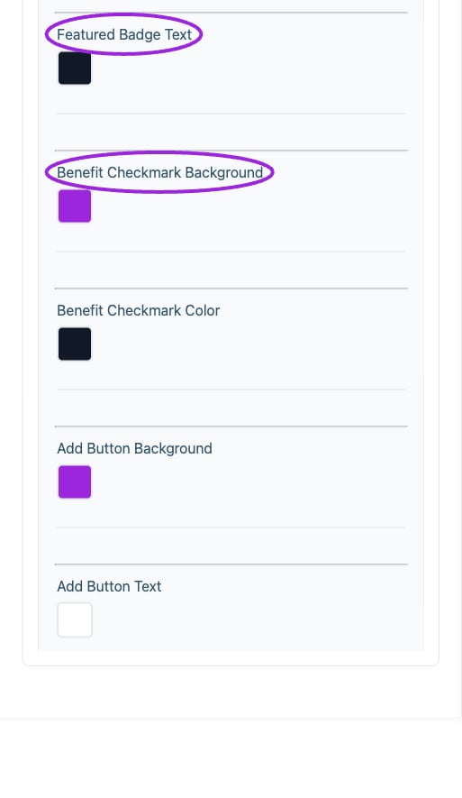 All Settings → Memberships — Membership card styling. Continued controls. The circles identify Featured Badge Text and Benefit Checkmark Background.