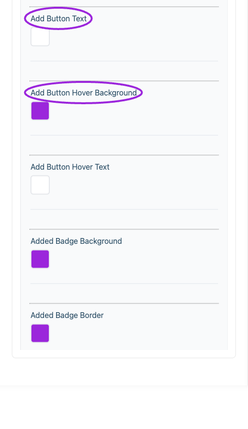 All Settings → Memberships — Membership card styling. Continued controls. The circles identify Add Button Text and Add Button Hover Background.