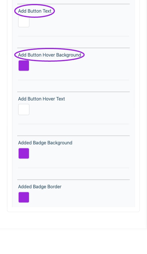 All Settings → Memberships — Membership card styling. Continued controls. The circles identify Add Button Text and Add Button Hover Background.