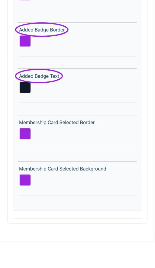 All Settings → Memberships — Membership card styling. Continued controls. The circles identify Added Badge Border and Added Badge Text.