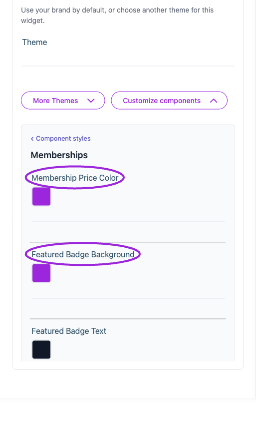 All Settings → Memberships — Membership card styling. The circles identify Membership Price Color and Featured Badge Background.