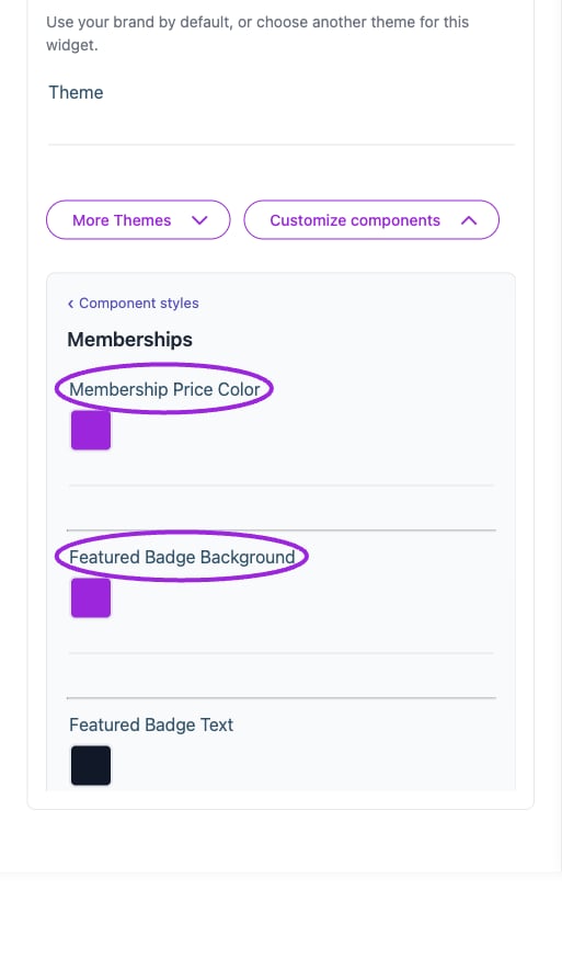 All Settings → Memberships — Membership card styling. The circles identify Membership Price Color and Featured Badge Background.