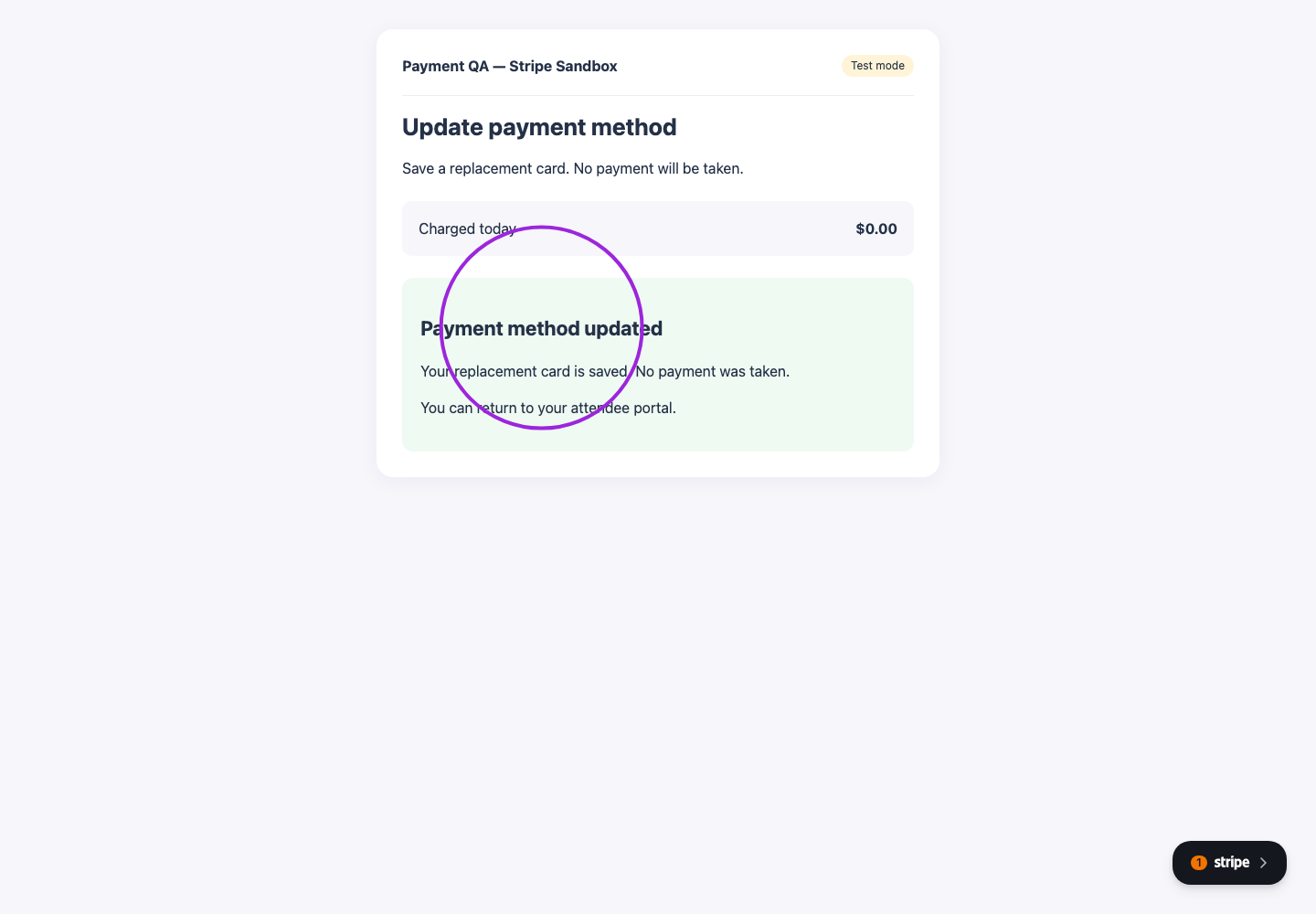 Payment method updated with the confirmation circled