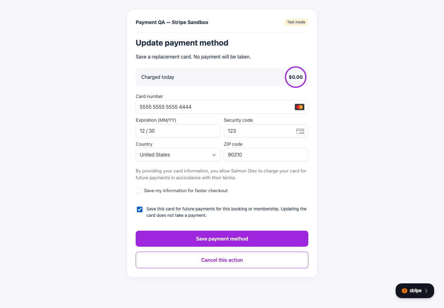 Saved-card update showing zero charged today and the save-card consent