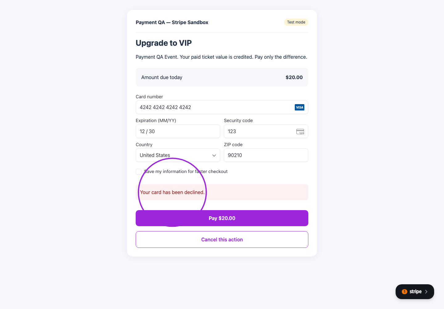 Card decline message circled in the secure checkout