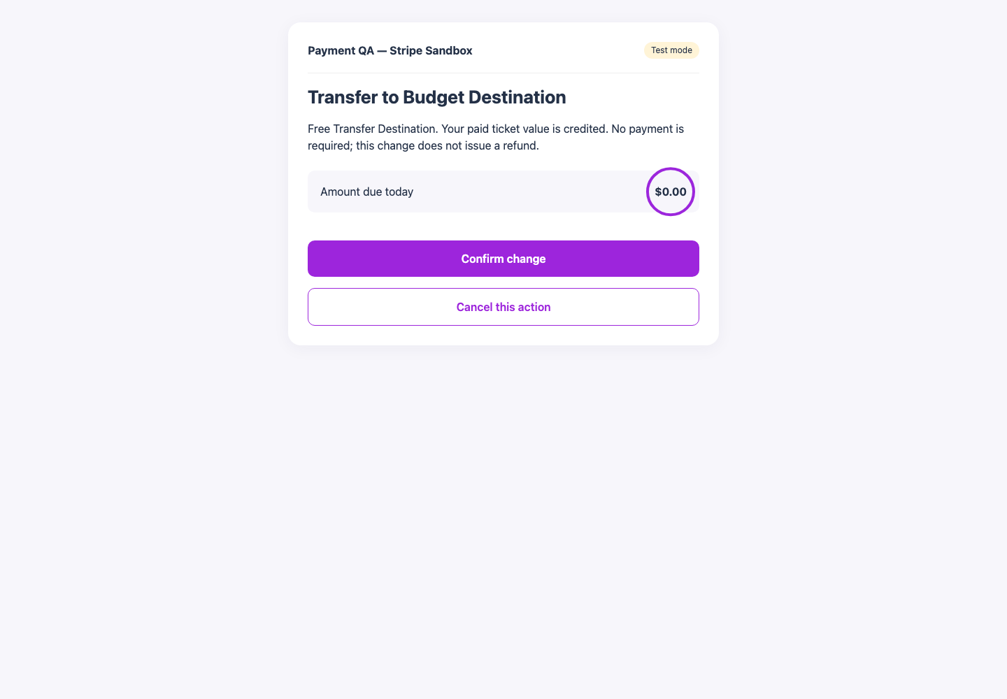 Event transfer checkout showing zero due and Confirm change
