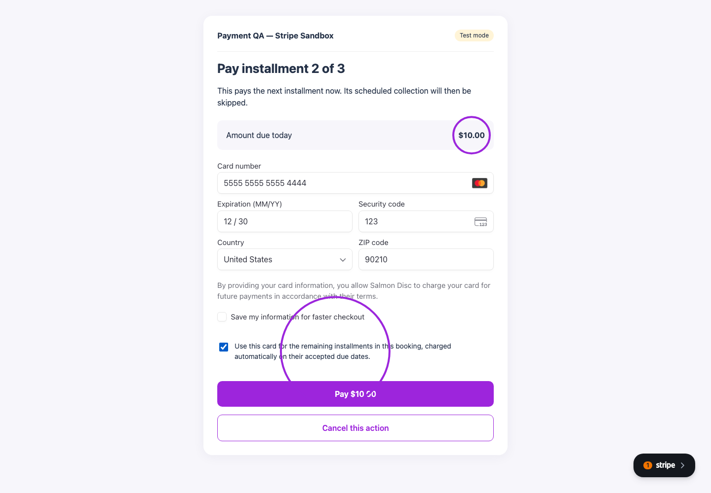Early installment checkout with the amount due today circled