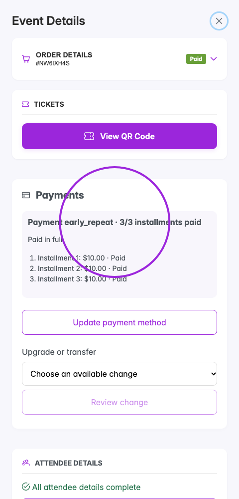 Attendee portal showing three of three installments paid and Paid in full