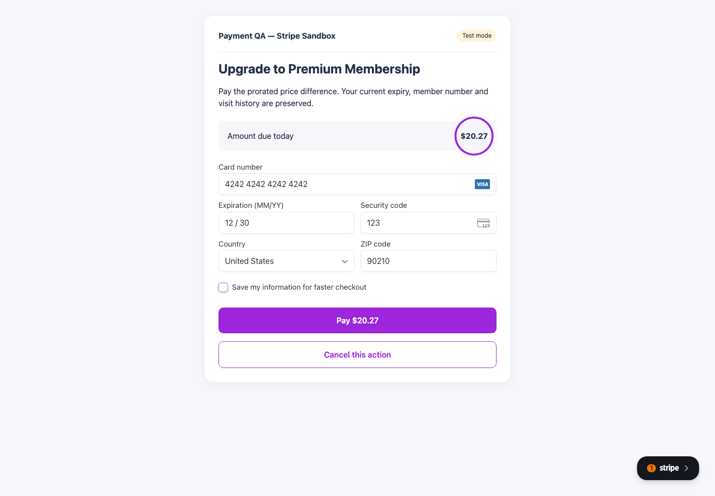 Membership upgrade checkout showing the prorated amount due