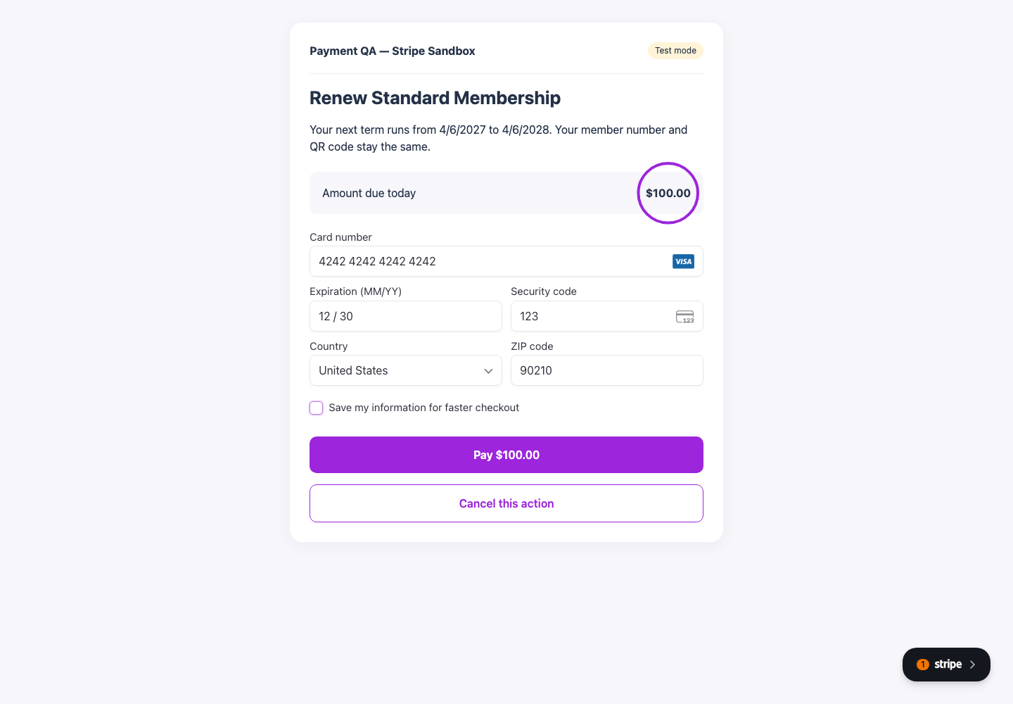 Membership renewal checkout showing its term dates and the renewal amount circled