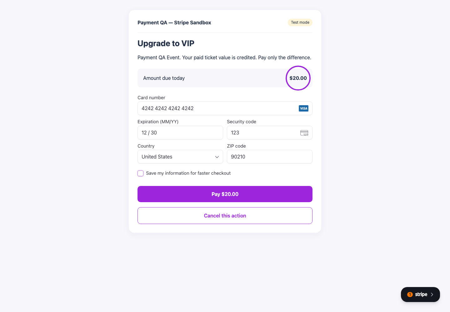 Ticket upgrade checkout showing only the price difference due