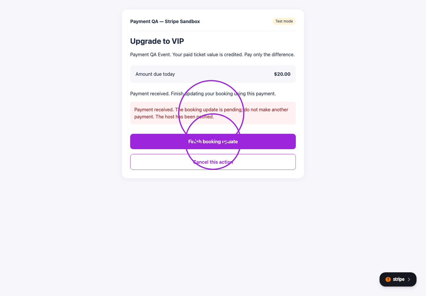 Paid booking update pending message and Finish booking update button