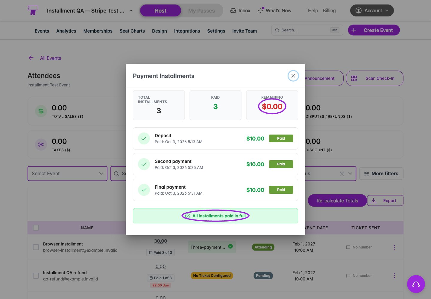 Payment-management dialog showing three paid installments and no remaining balance