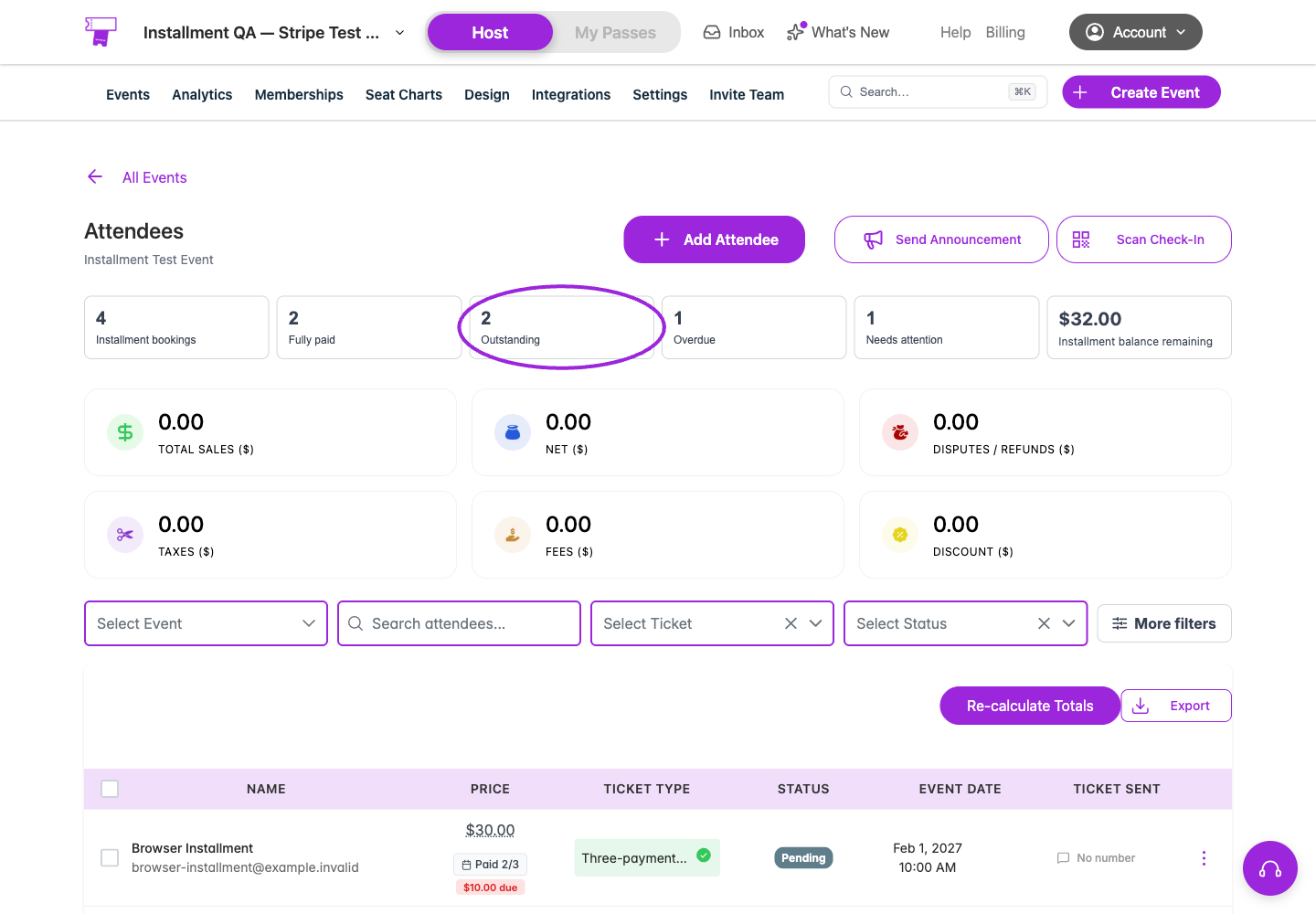 Attendee dashboard showing two of three installments paid and the outstanding balance