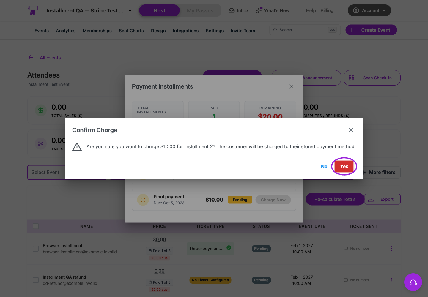 Confirmation dialog for charging the second $10 installment with Yes circled